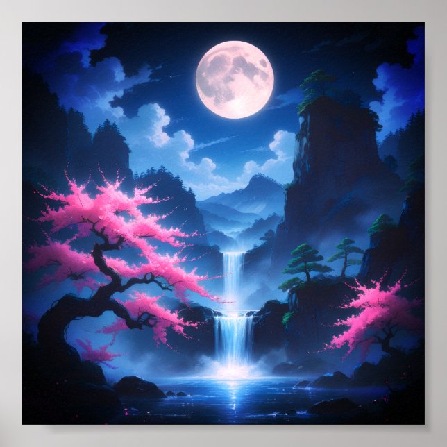 Poster Sakora tree-Moonlit Waterfall with Cherr-pink (Frente)