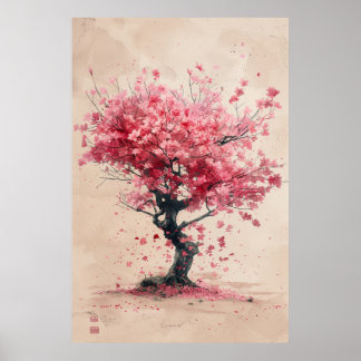 Poster Sakura ao Vento – Pintura de Cerejeira Japonesa