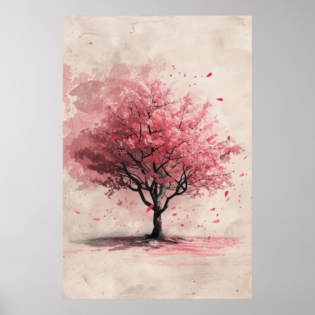 Poster Sakura ao Vento – Pintura de Cerejeira Japonesa (Frente)