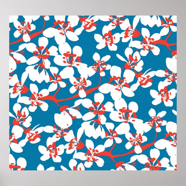 Poster Sakura branca, padrão de fundo azul clássico. (Frente)