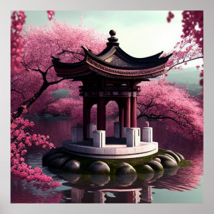Poster Sakura Cherry Blossom Garden Shrine Pond Japonês