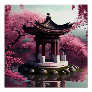 Póster Sakura Cherry Blossom Garden Shrine Pond Japonês