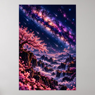 Poster Sakura Cósmica: Arte Galáctico Noturno Celestial