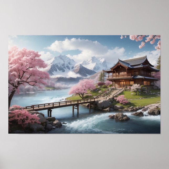 Poster Sakura de inverno com Vista de Montanha (Frente)