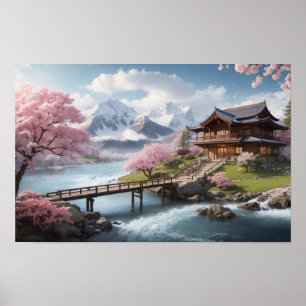 Poster Sakura de Inverno com Vista para a Montanha