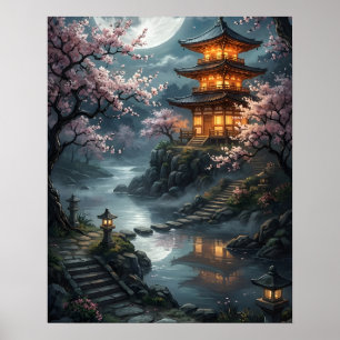 Poster Sakura Japonesa ao Luar