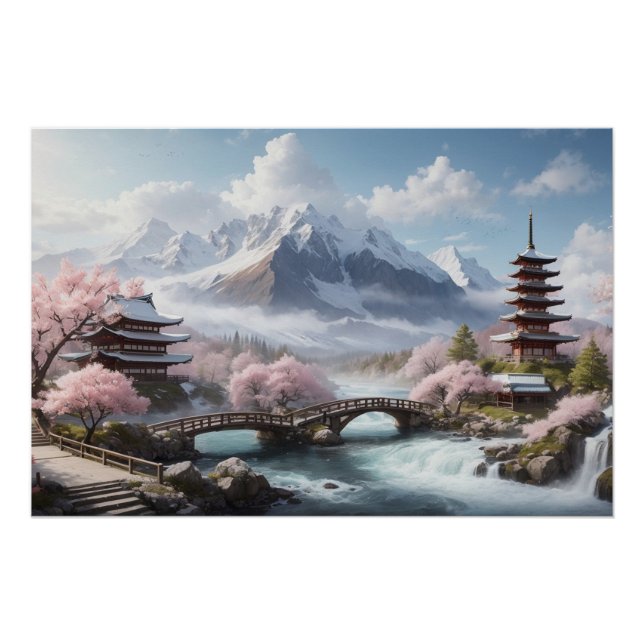 Póster Sakura pintando com Pagoda e Rio (Frente)