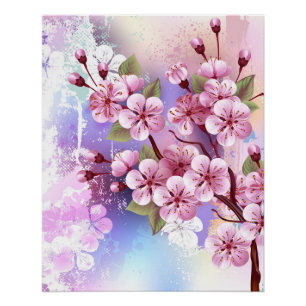 Póster Sakura rosa no fundo da pintura