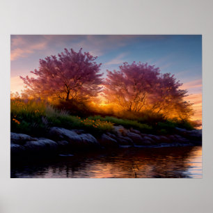 Poster Sakura Sunset: Riverside Reverie