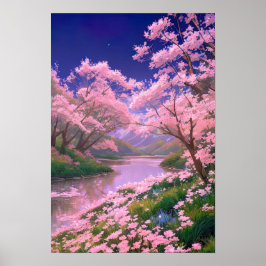Poster Sakura Trees no Riverbank Serene