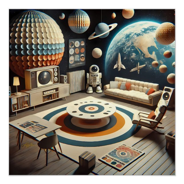 Póster Sala de Brinquedos Espaciais Futurísticos Atômicos (Frente)