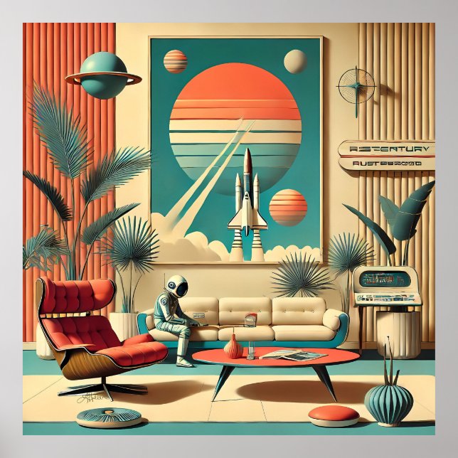 Poster Sala de estar familiar da era espacial futurista a (Frente)