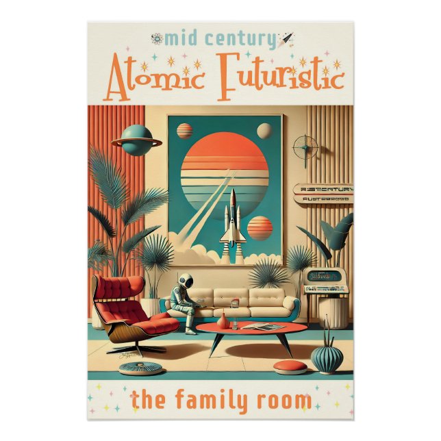 Póster Sala de estar familiar da era espacial futurista a (Frente)