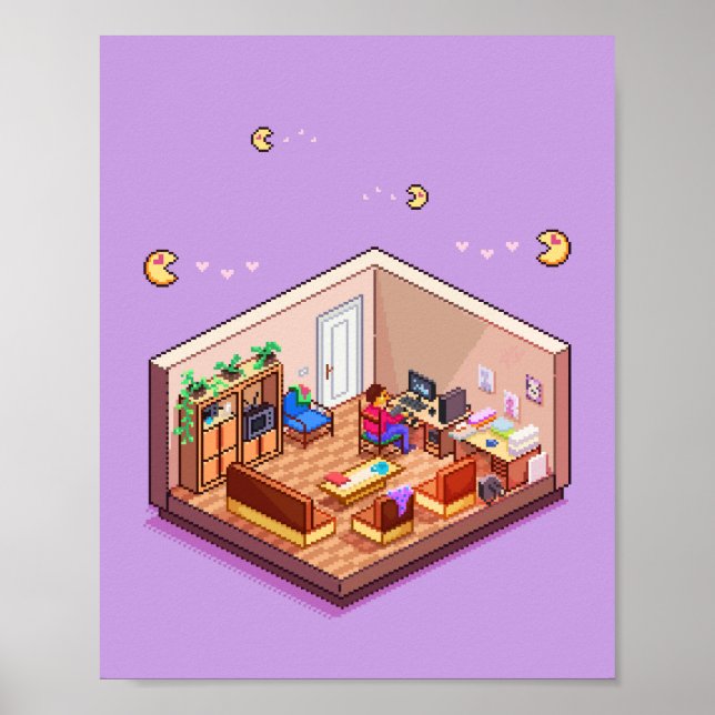 Poster Sala de PC para Jogos em Arte Pixel Isométrica (Frente)