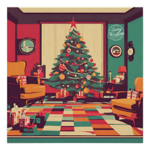Póster Sala de Retro de Natal com Árvore de Natal