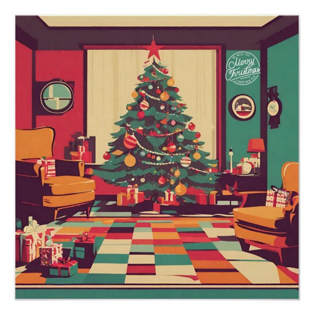 Póster Sala de Retro de Natal com Árvore de Natal (Frente)