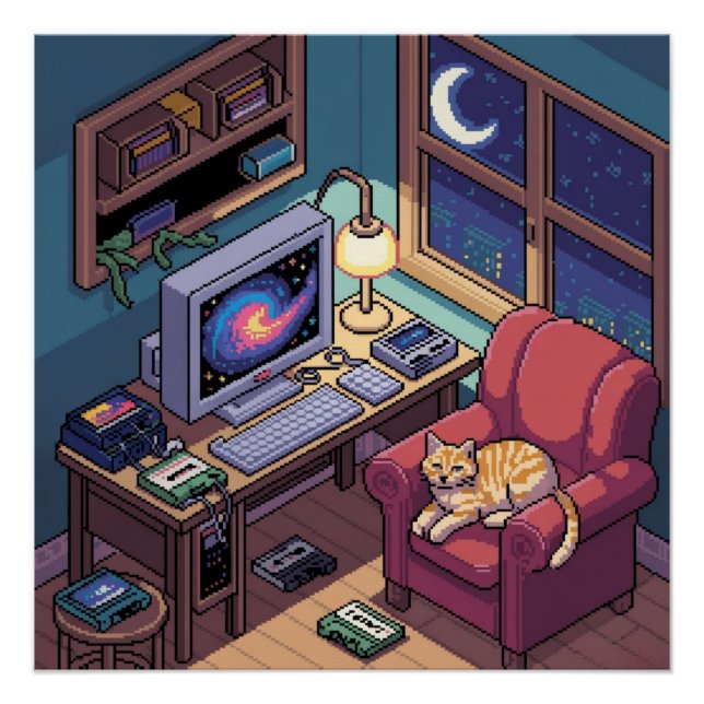 Póster Sala Retro de Arte Pixel Lofi Meia-Noite (Frente)