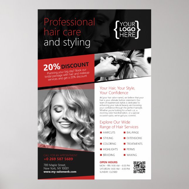 Poster Salão de Cabelo Negro e Vermelho, cabeleireiro (Frente)