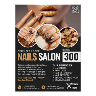 Póster Salão de unhas preto e Dourado, artista de maquiag
