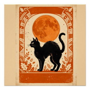Póster Salem Bruxa Vintage Halloween Gato Preto Colheita