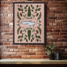 Poster Salmão PNW Nature Fir Ferns Berries Forest Forjage