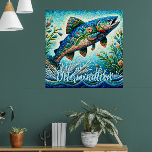 Poster Salmão Saltando Mosaico Floral Azul Personalizado