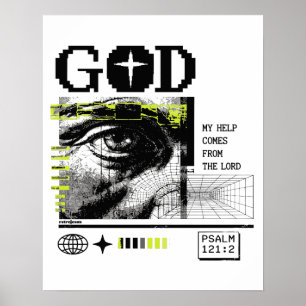 Poster Salmo 121:2 Neon Olho De Deus Em CRT Glitch Art