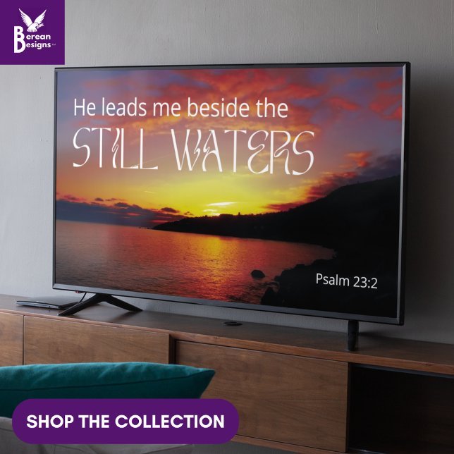 Poster Salmo 23 AINDA ÁGUAS Arte-quadro cristã para TV (Christian Psalm 23 Still Waters wall art for display TV with peaceful seascape and Bible text.)