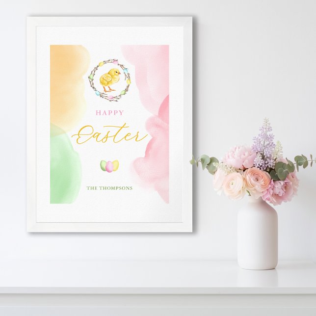 Poster Salpicos de Aquarela Pastel e Franguinho Feliz Pás (Disclaimer: This image is a digital mockup.)