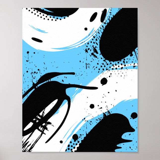 Poster Salpicos de Tinta Preta em um Fundo Azul e Branco (Frente)