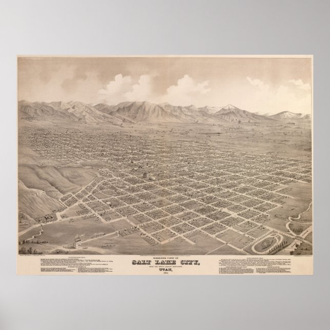 Póster Salt Lake City, 1875, Mapa Panorâmico Olho de Páss (Frente)