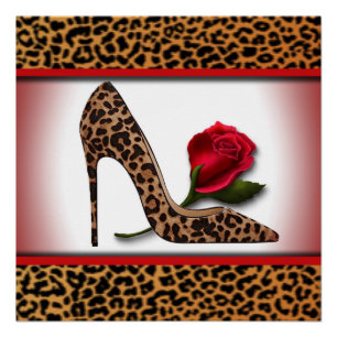 Póster Salto alto & rosa vermelha do leopardo