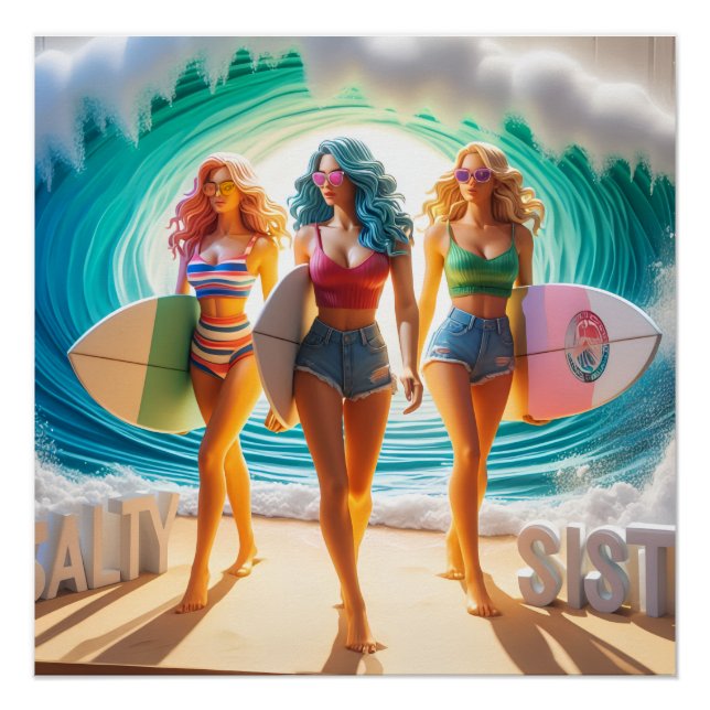 Póster Salty Sisterhood Trio Girls Beach Walk Surfer (Frente)