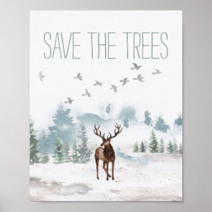 Poster Salvar O Veado Da Floresta De Aquarela Das Árvores