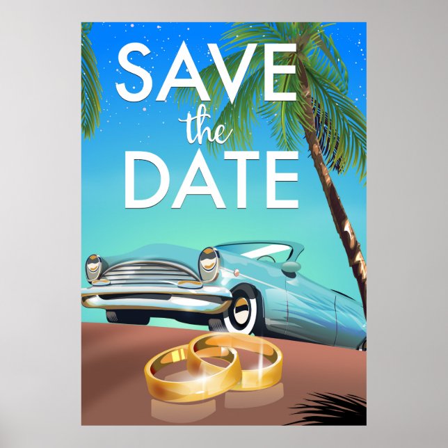 Poster Salve a data carro antigo e alianças. (Frente)