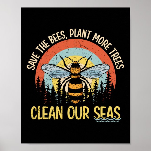 Poster Salve As Abelhas Plantando Mais Árvores Limpar Mar (Frente)