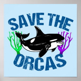 Poster Salve o Azul Orcas Cute