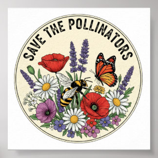 Poster Salve o Polinizador com abelha, borboleta & flores
