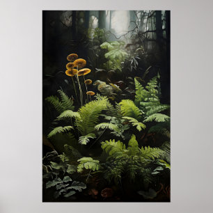 Poster Samambaia e cogumelos da floresta profunda, sombri