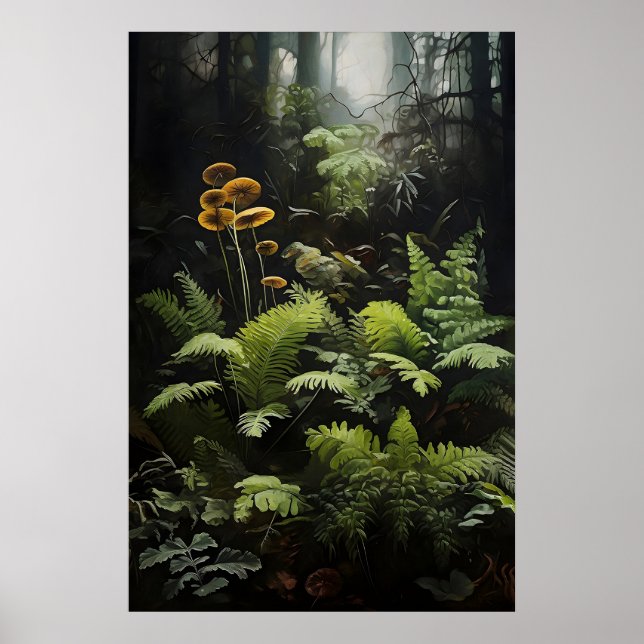 Poster Samambaia e cogumelos da floresta profunda, sombri (Frente)