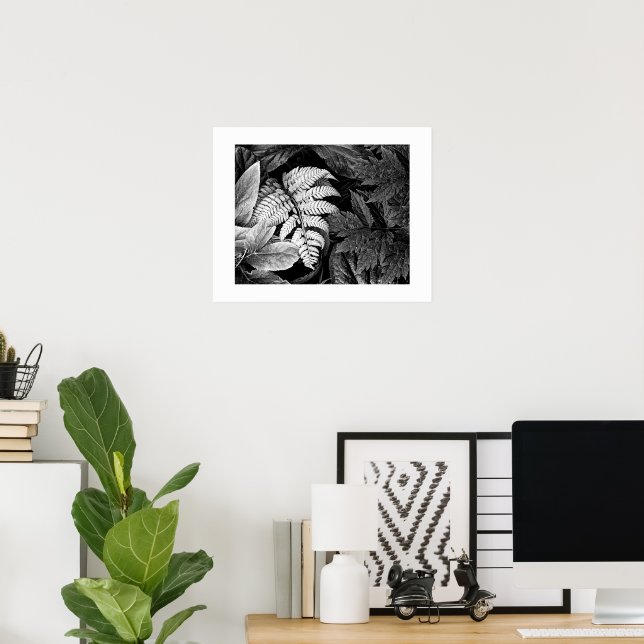 Poster Samambaia e Folhagem Frondosa Preto e Branco (Escritório em casa)