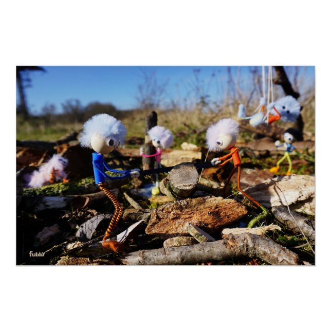 Póster Samenwerking van Fubby poppetjes op een houtwerkpl (Frente)