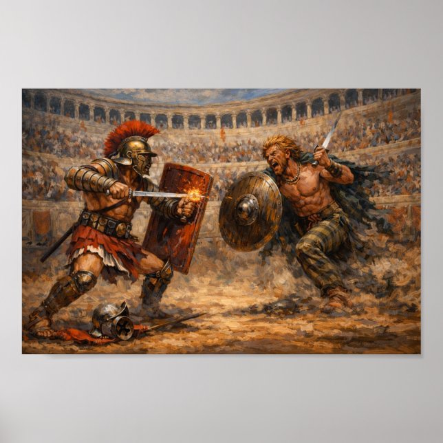 Poster Samnite vs Gaul Gladiator Battle Acrylic Painting  (Frente)
