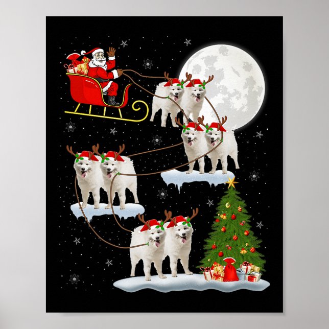 Poster Samoyed Dog Santa Sleigh Flying Funny Magical Chri (Frente)