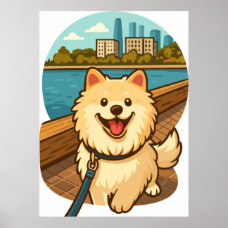 Poster Samoyed Feliz Passeando pela Orla da Cidade