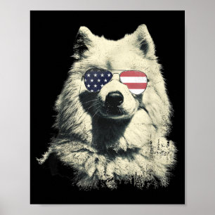Poster Samoyed Vintage Retro Bandeira Americana 4 de Julh