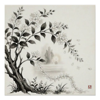 Póster Sampaguita — Flor Nacional das Filipinas Sumi-e