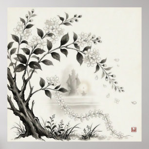Poster Sampaguita — Flor Nacional das Filipinas Sumi-e
