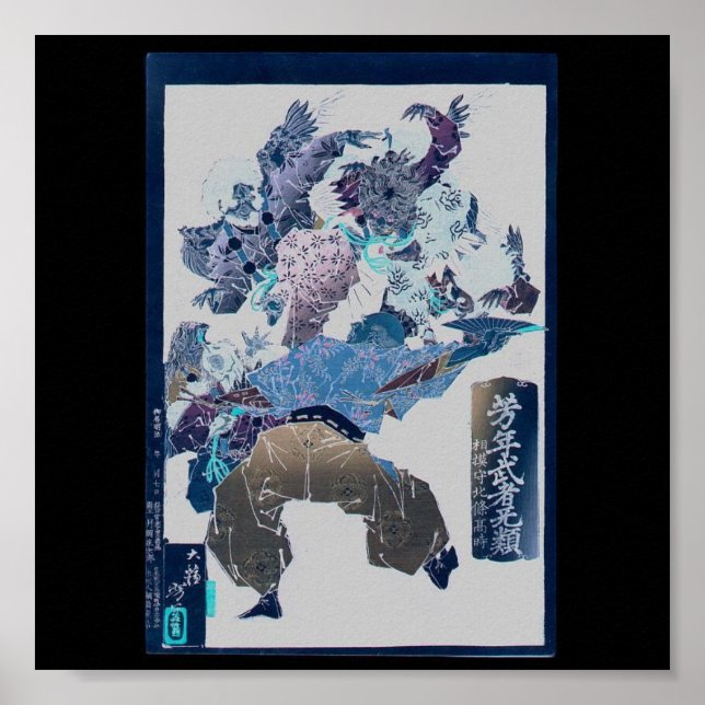 Póster Samurai atacado por Tengu, Circa 1883 (Frente)