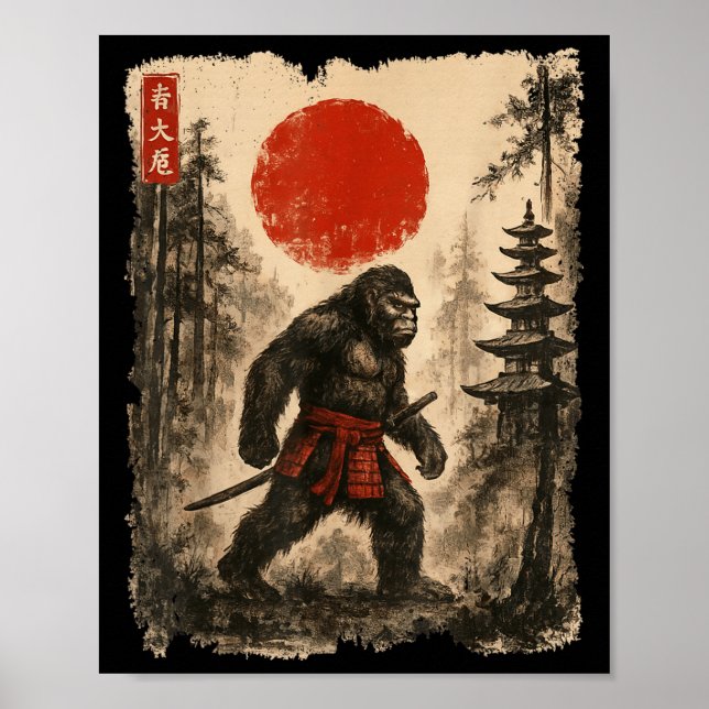 Poster Samurai Bigfoot Japonês Vintage Sasquatch Ukiyo-e (Frente)